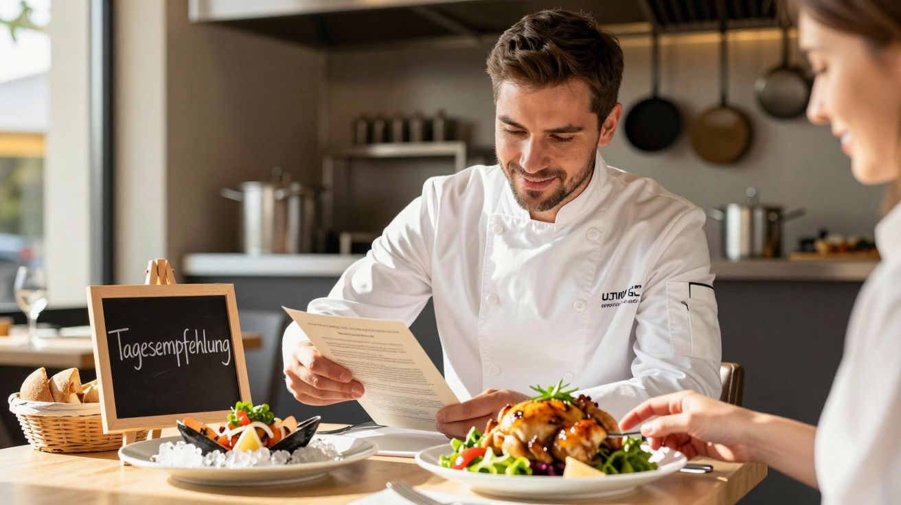 Ein Koch in weißer Uniform liest das Tagesmenü am Tisch, vor ihm ein Gericht und eine Kreidetafel mit "Tagesempfehlung".