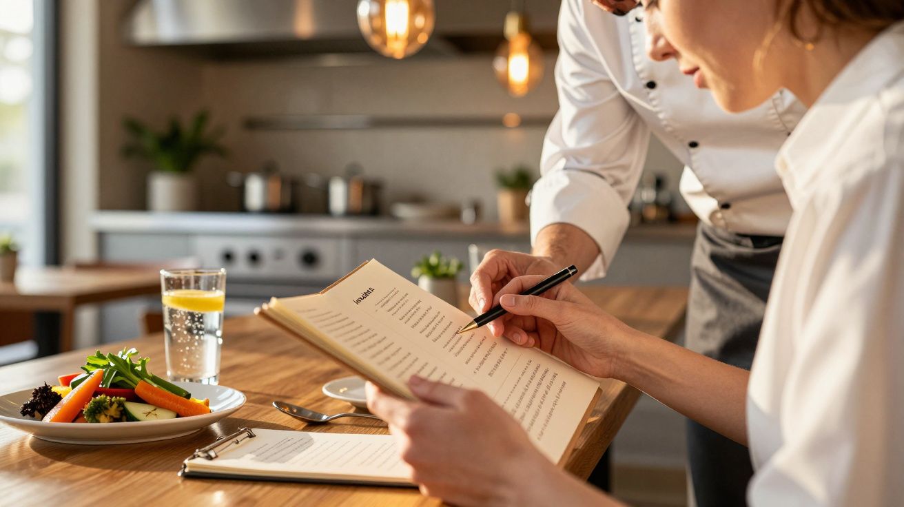 Köchin bespricht Menü in professioneller Küche, während ein Teller Gemüse und ein Glas Wasser auf dem Tisch stehen.