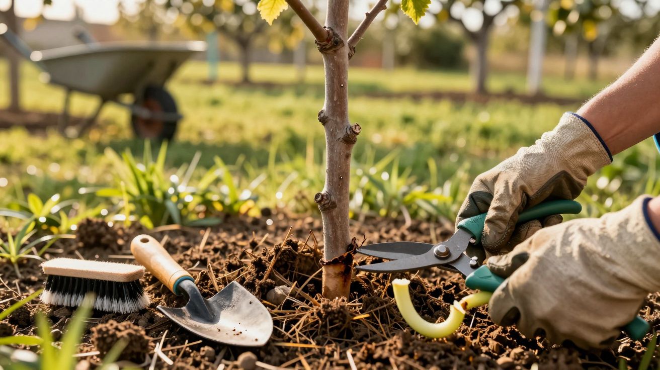 Hände mit Handschuhen arbeiten im Garten, schneiden einen Baum. Schaufel und Pinsel liegen daneben, Schubkarre im Hintergrund