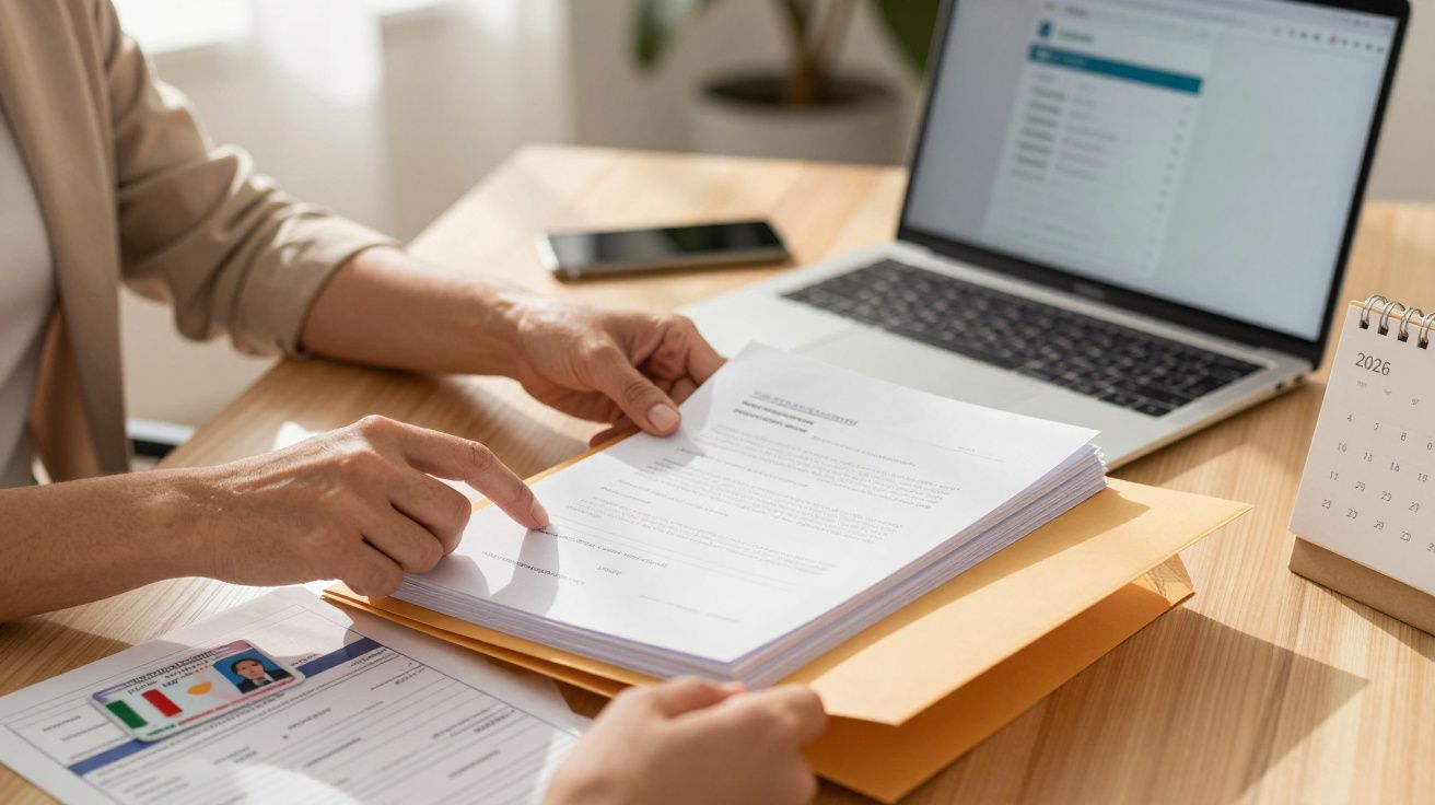 Person zeigt auf Dokumente neben Laptop auf Tisch mit Kalender.