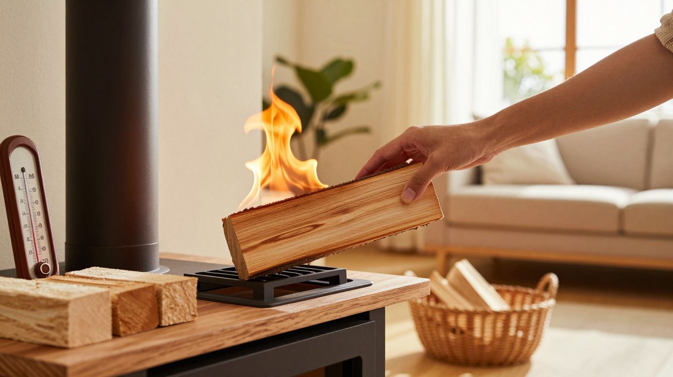 Hand legt Holzscheit in brennenden Kaminofen, Sofa im Hintergrund.