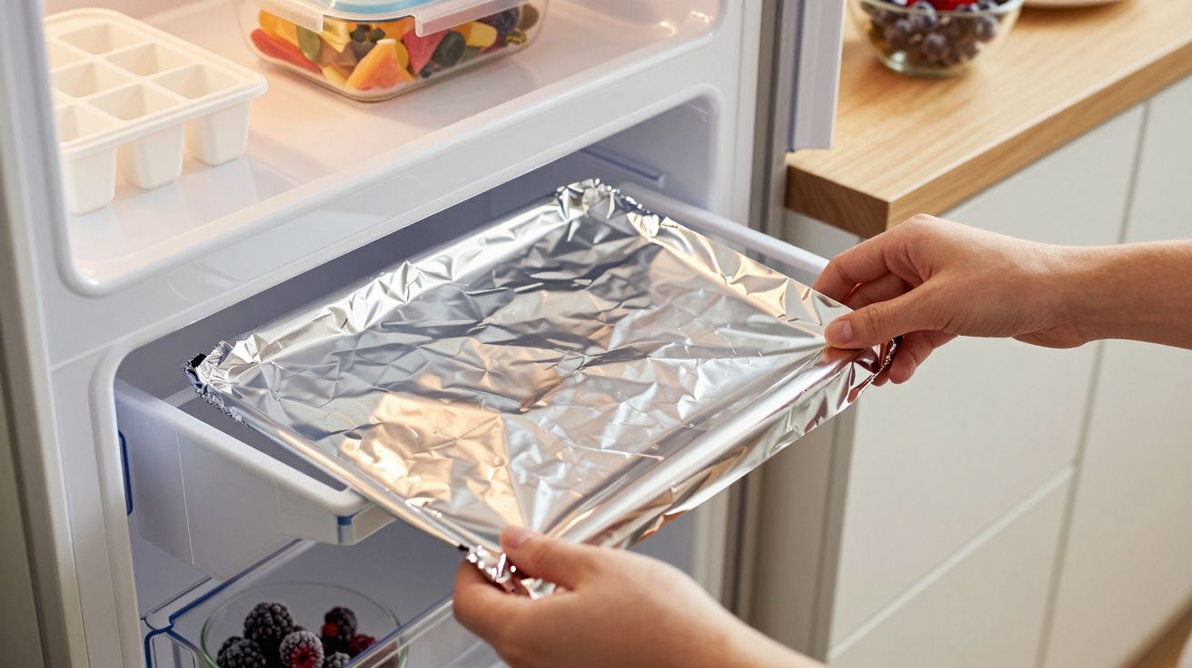 Person legt ein mit Alufolie bedecktes Tablett in ein Gefrierfach, daneben Beeren und geschnittenes Obst.