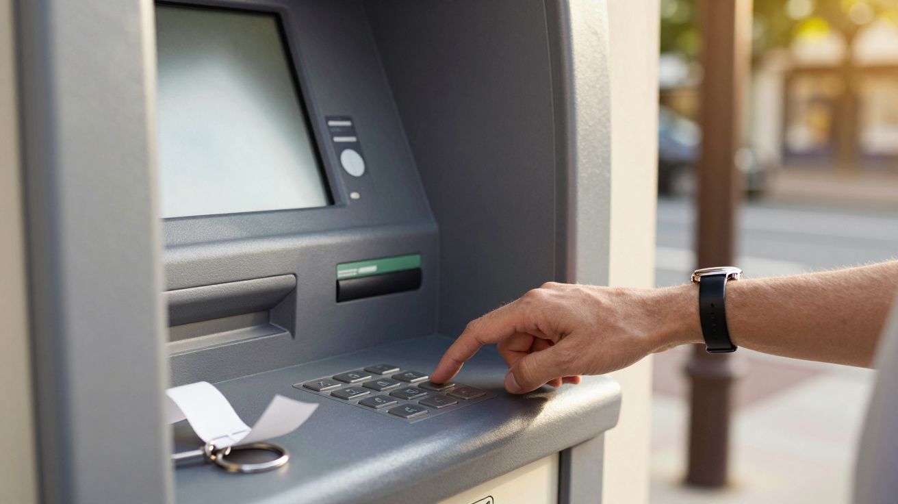 Eine Hand tippt auf die Tasten eines Geldautomaten im Freien. Ein Schlüsselbund mit Papier hängt am Automaten.