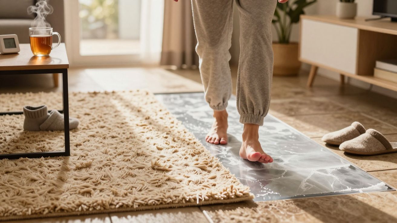 Person in Jogginghose geht barfuß über Marmorboden, neben Teppich und Hausschuhen, mit Tee auf Tisch.