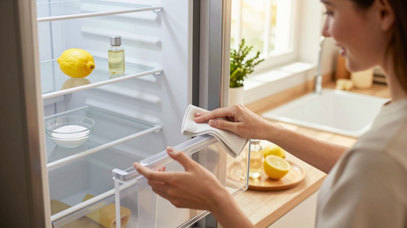 Frau reinigt Kühlschrank mit Tuch, Zitronen und Glas in der Tür. Küche im Hintergrund mit Schneidebrett und Pflanzen.