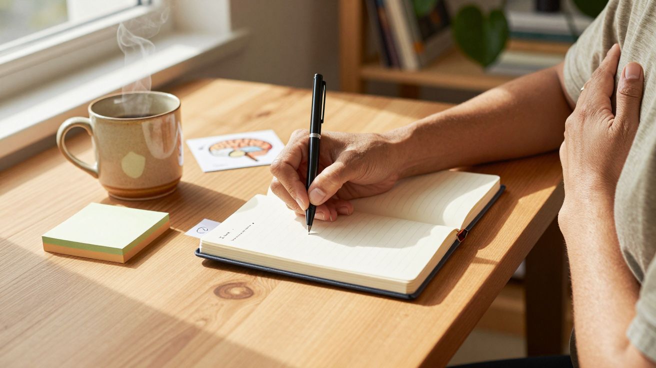 Person schreibt in Notizbuch, Tasse Kaffee und Haftnotizen auf Holztisch, Sonnenlicht scheint durch Fenster.