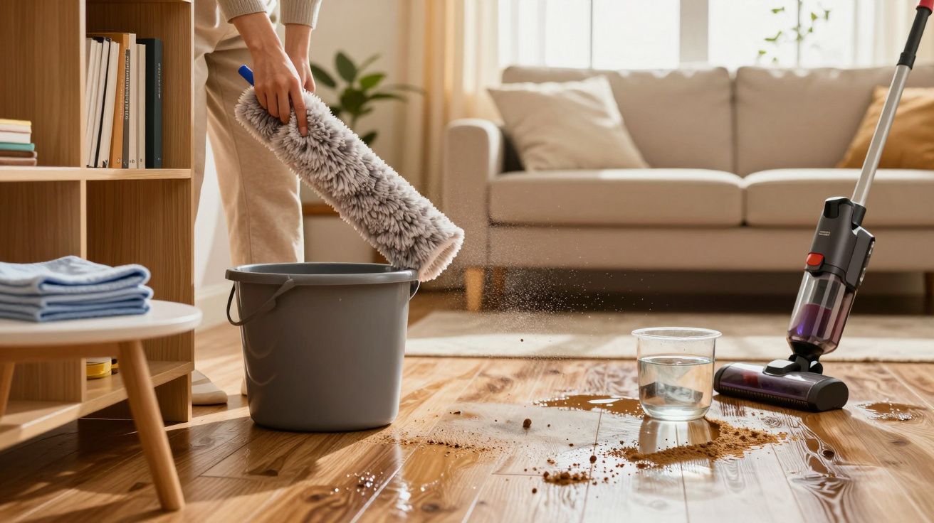 Person reinigt Holzboden mit Mopp und Staubsauger, neben einem Eimer und Glas Wasser, in einem Wohnzimmer mit Sofa.