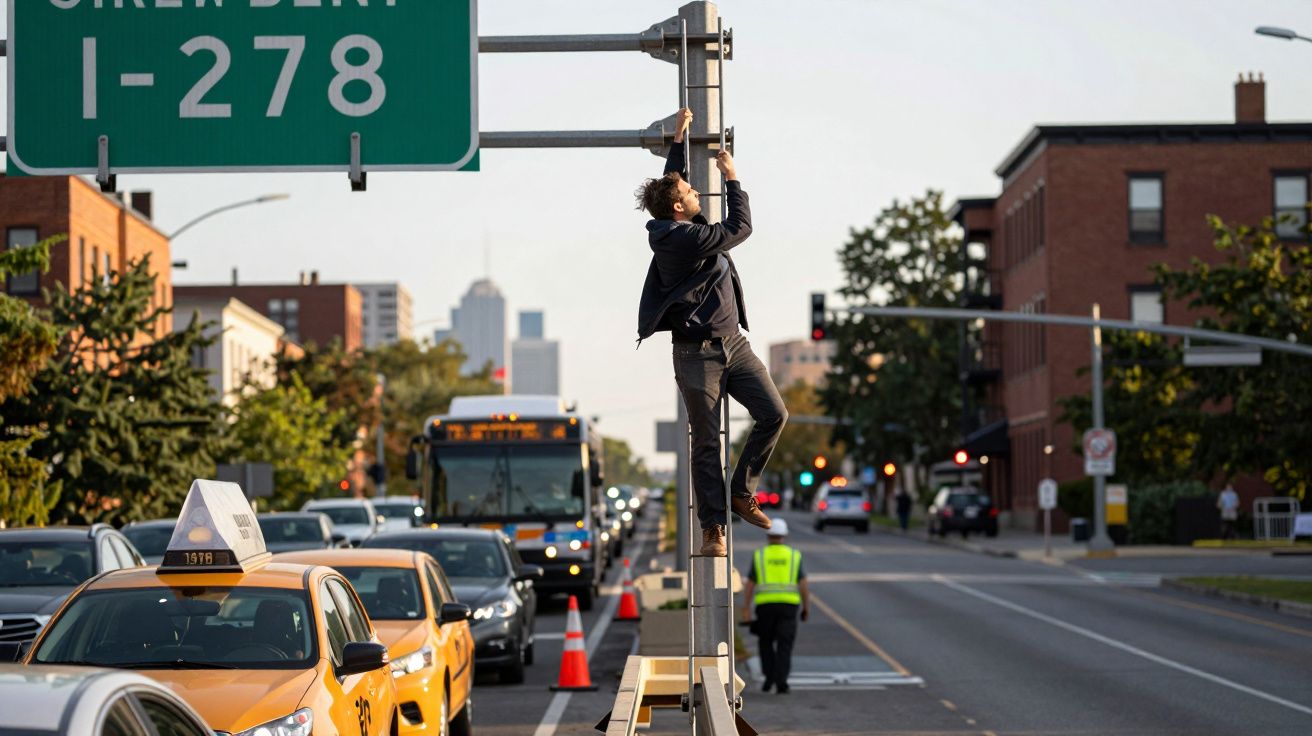 Mann klettert auf Straßenschildmast, während Autos an einer Ampel warten, mit gelbem Taxi und Bus im Hintergrund.
