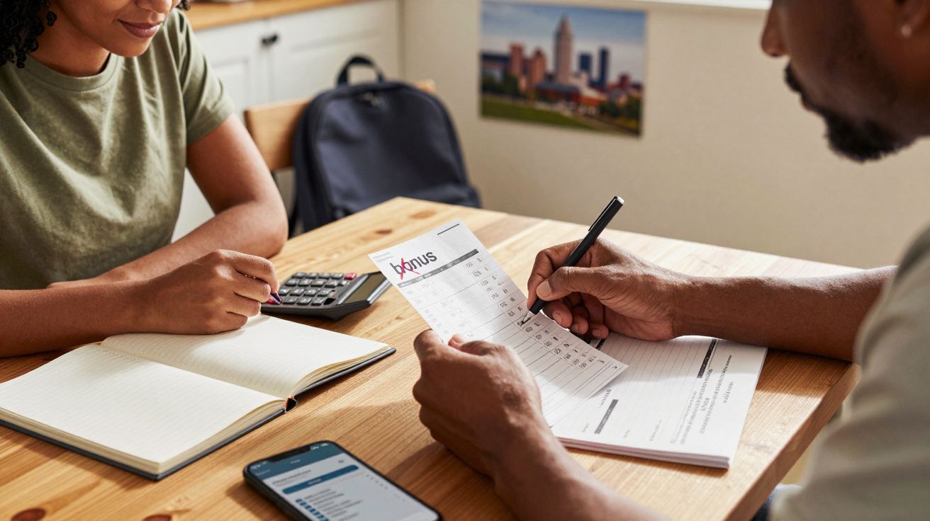 Zwei Personen am Tisch, überprüfen Finanzen mit einem Taschenrechner und Smartphone, ein Notizbuch liegt offen.