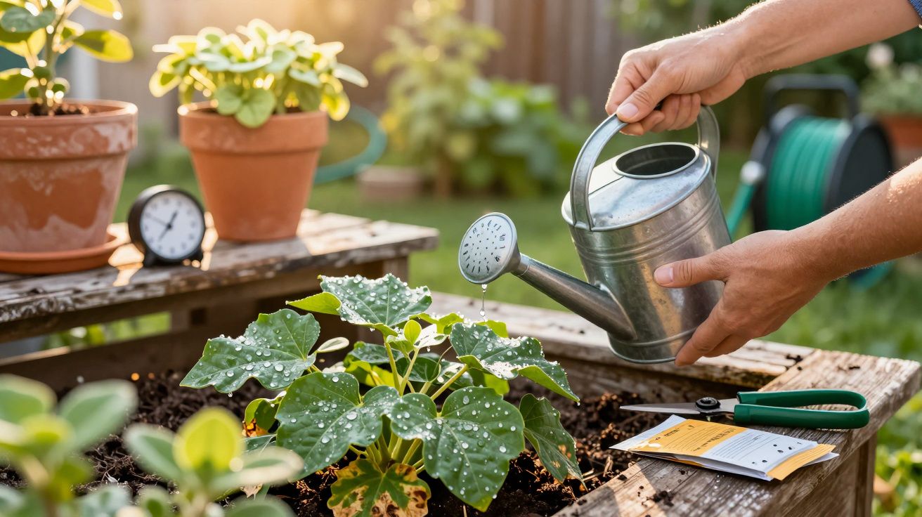Person gießt Pflanzen in einem Garten mit einer Gießkanne. Im Hintergrund stehen Blumentöpfe auf Holztischen.