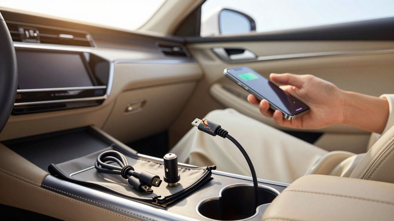 Person im Auto hält Smartphone, auf der Mittelkonsole liegt ein Ladegeräte-Set.