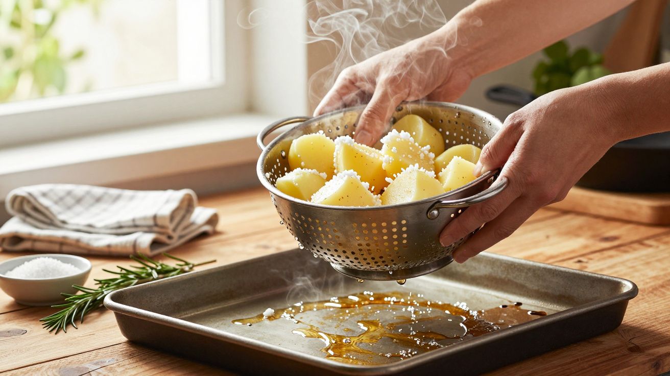 Person, die gekochte Kartoffeln in einem Sieb hält, bereit zum Backen auf einem mit Öl und Salz vorbereitetem Backblech.