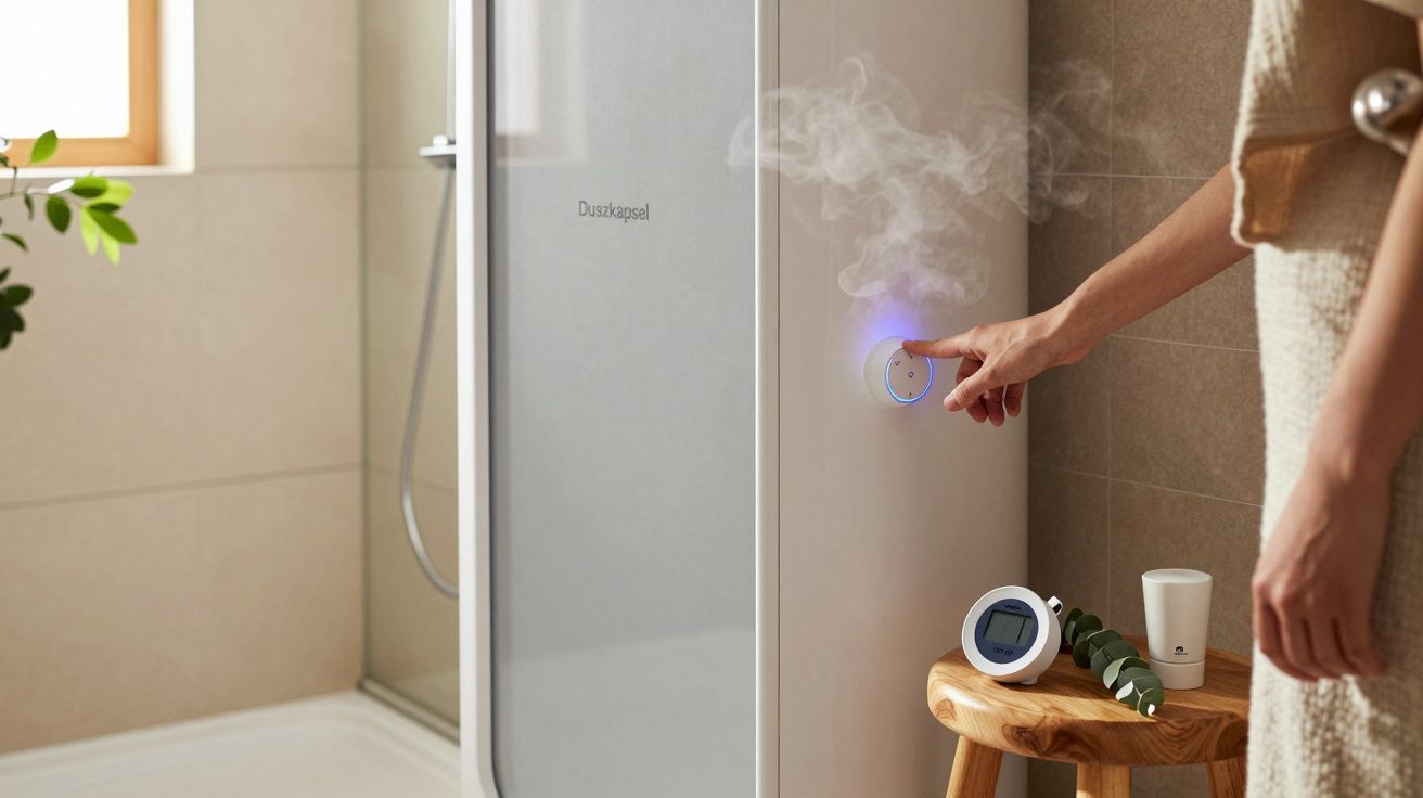 Person in Handtuch aktiviert Duschkapsel mit Dampffunktion, während ein Tisch Thermometer und Kosmetikartikel hält.