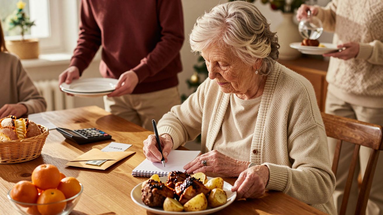 Ältere Frau schreibt an Tisch mit Teller Braten und Kartoffeln, während andere Personen Geschirr anreichen.