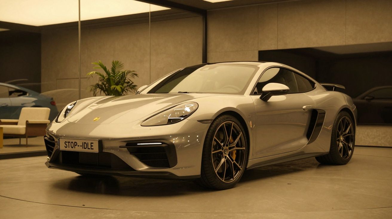 Silberner Sportwagen in einem modernen Ausstellungsraum, mit Pflanzen und einem Sessel im Hintergrund.