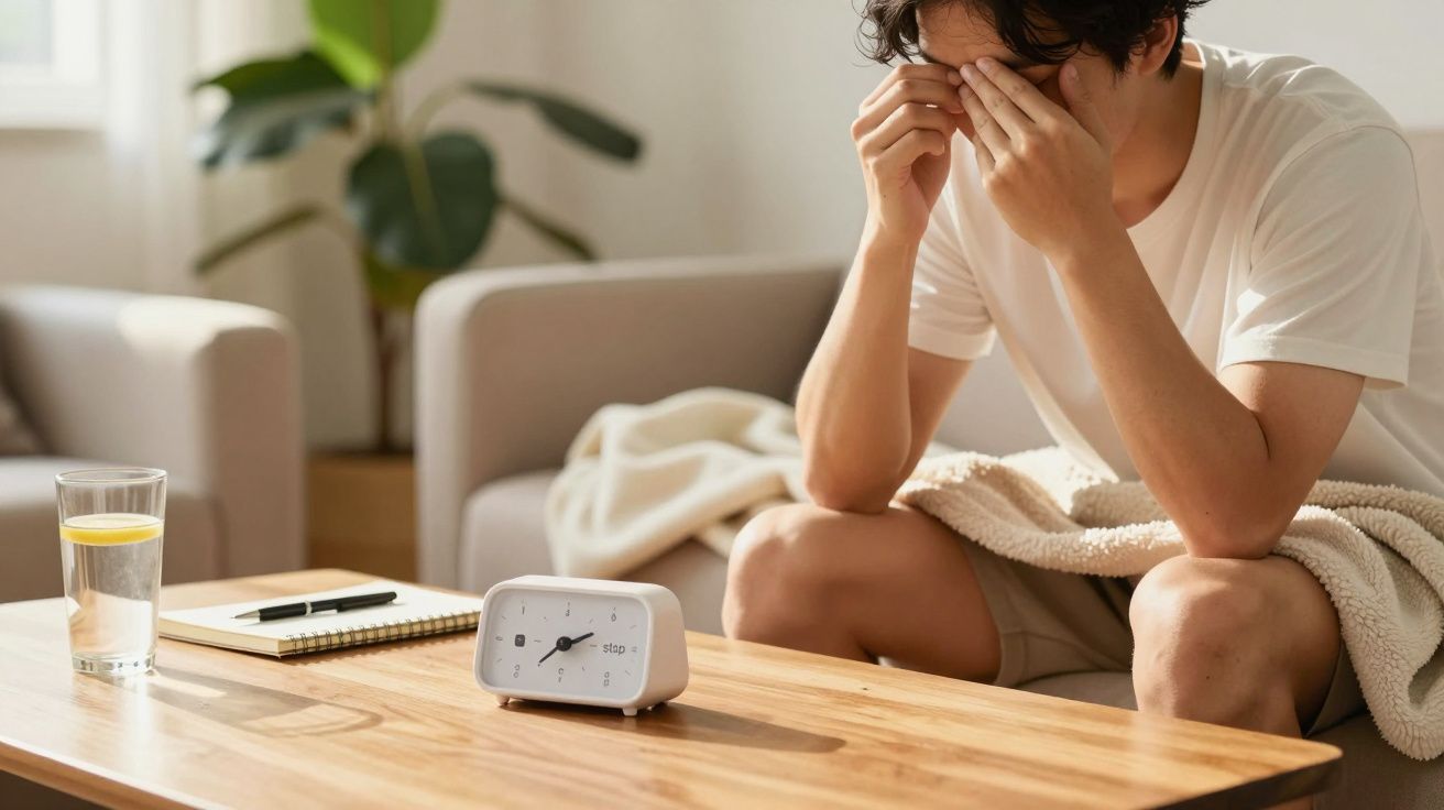 Mann sitzt müde auf Sofa, hält Kopf in Händen. Auf dem Tisch steht ein Wecker, daneben ein Glas Wasser und ein Notizbuch.