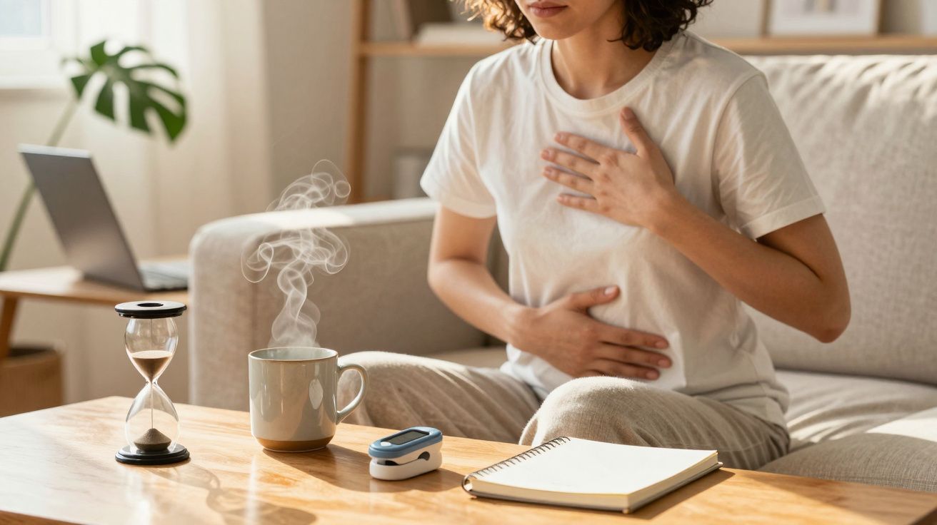 Frau hält sich Bauch und Brust, sitzt auf Sofa. Vor ihr Sanduhr, Tasse, Pulsoximeter und Notizbuch auf Tisch.