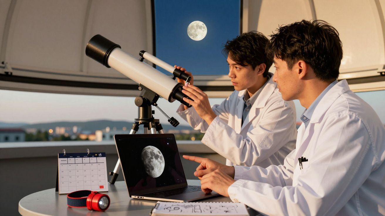 Zwei Wissenschaftler im Labor, beobachten den Mond durch ein Teleskop. Laptop zeigt ein Mondbild, Taschenlampe liegt daneben.