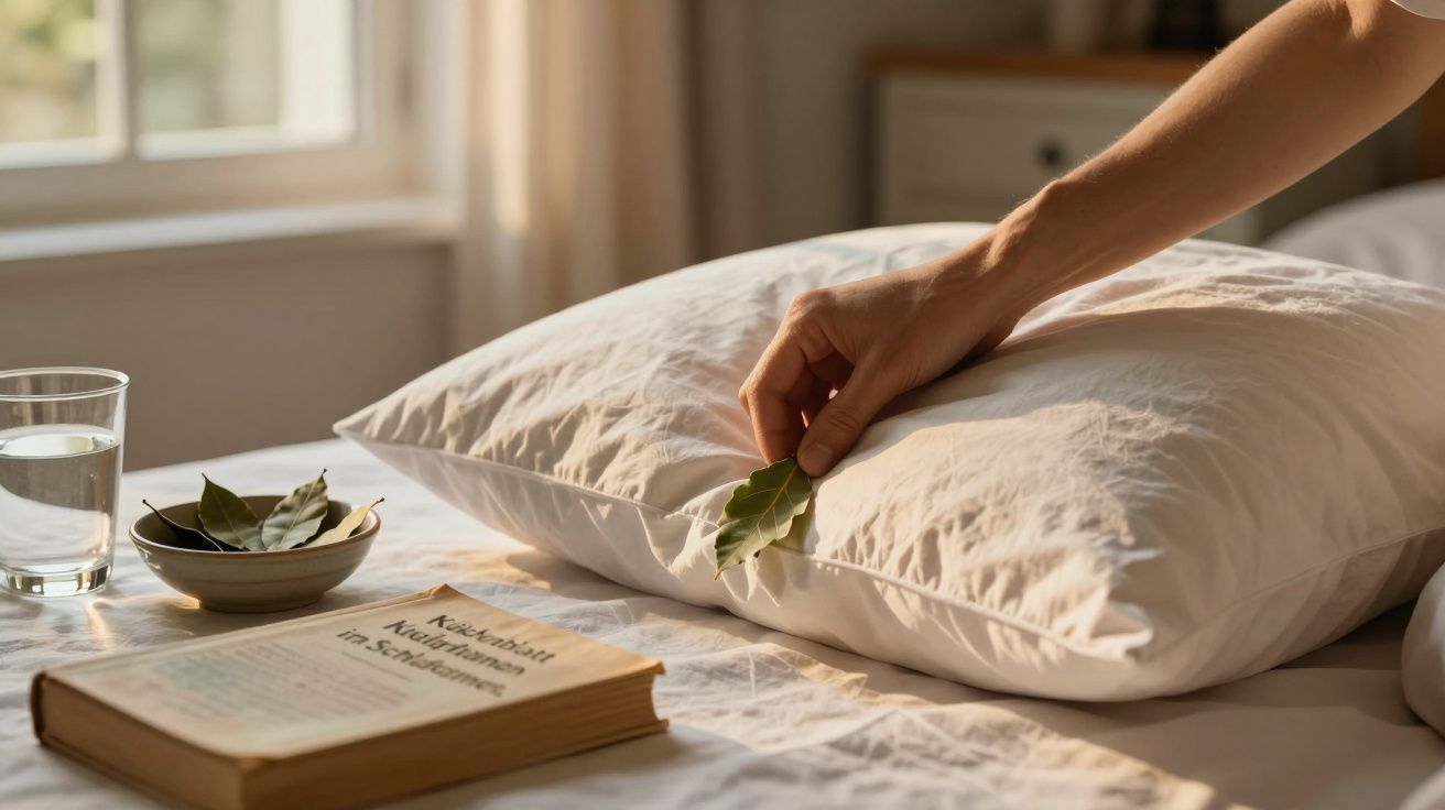 Hand legt Blätter auf ein weißes Kissen neben einem Glas Wasser, einer Schale und einem aufgeschlagenen Buch.
