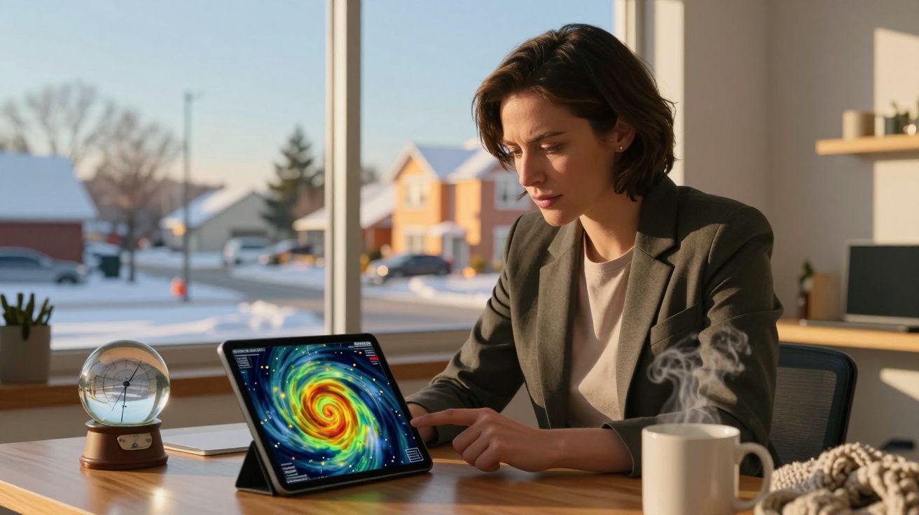 Frau in Büro betrachtet Wetterkarte auf Tablet, Schneelandschaft draußen, dampfende Tasse auf Schreibtisch.