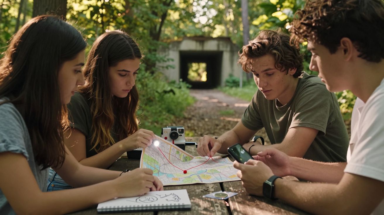 Vier Jugendliche studieren eine Karte auf einem Tisch im Wald, ausgestattet mit Kamera und Kompass.