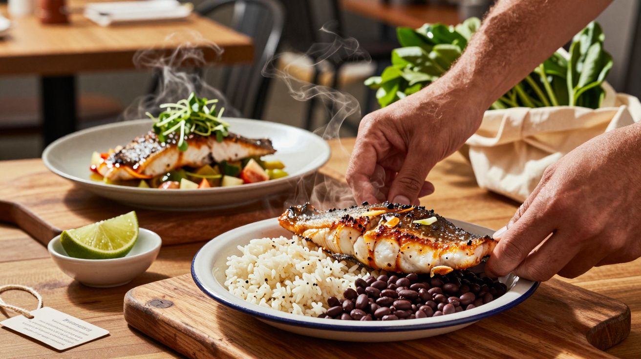 Person serviert gegrillten Fisch mit Reis und schwarzen Bohnen auf einem Teller, daneben Limettenstücke.