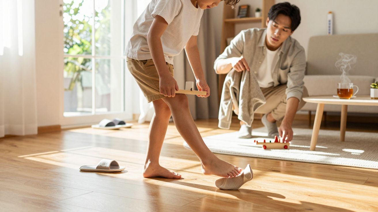 Vater und Kind spielen im Wohnzimmer, Kind probiert Hausschuhe an, während Vater am Boden mit Spielzeug spielt.
