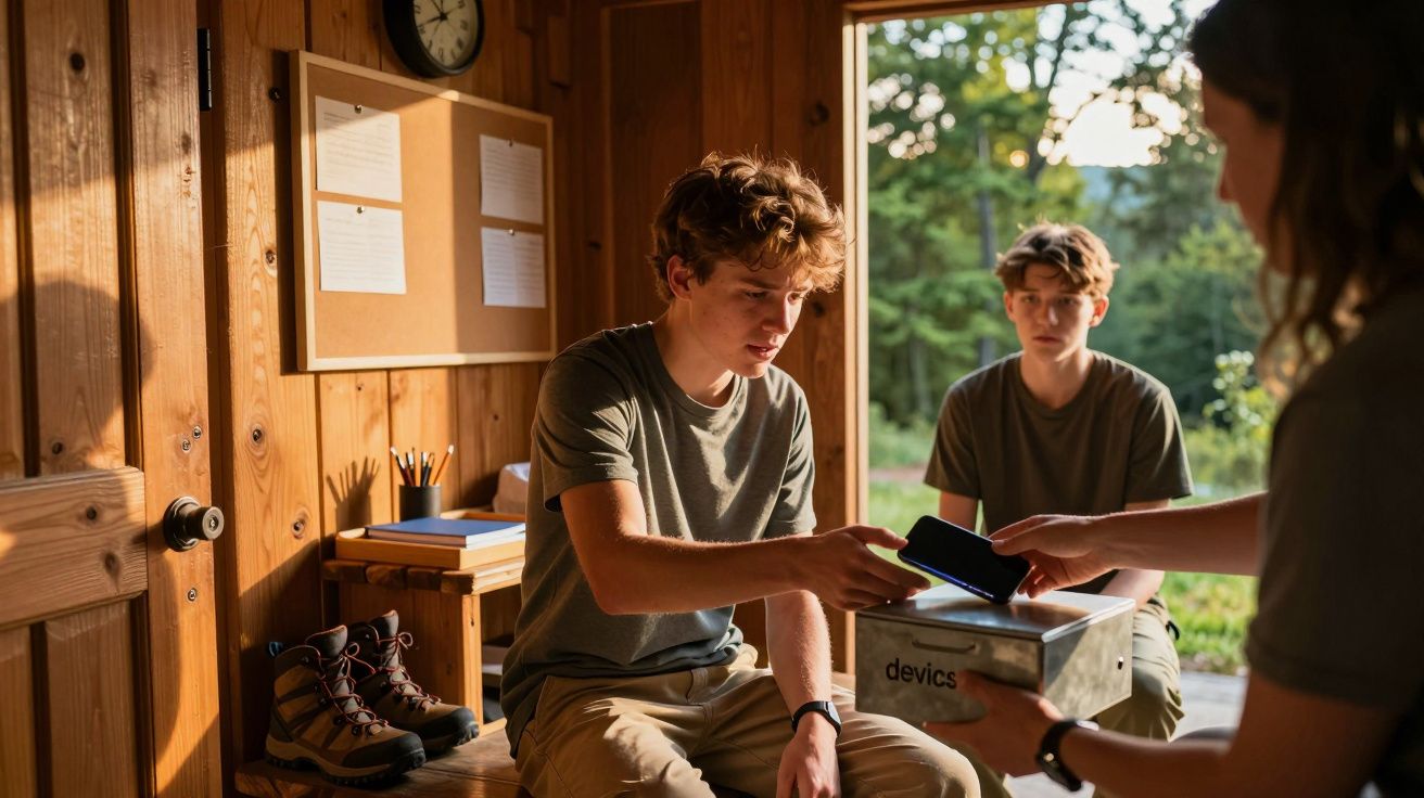 Zwei junge Männer sitzen in einer Hütte, einer übergibt ein Smartphone in eine Box. Im Hintergrund ist ein Wald sichtbar.