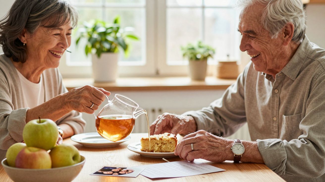 Älteres Paar trinkt Tee und isst Kuchen an einem Tisch; im Hintergrund grüne Pflanzen und ein Fenster.