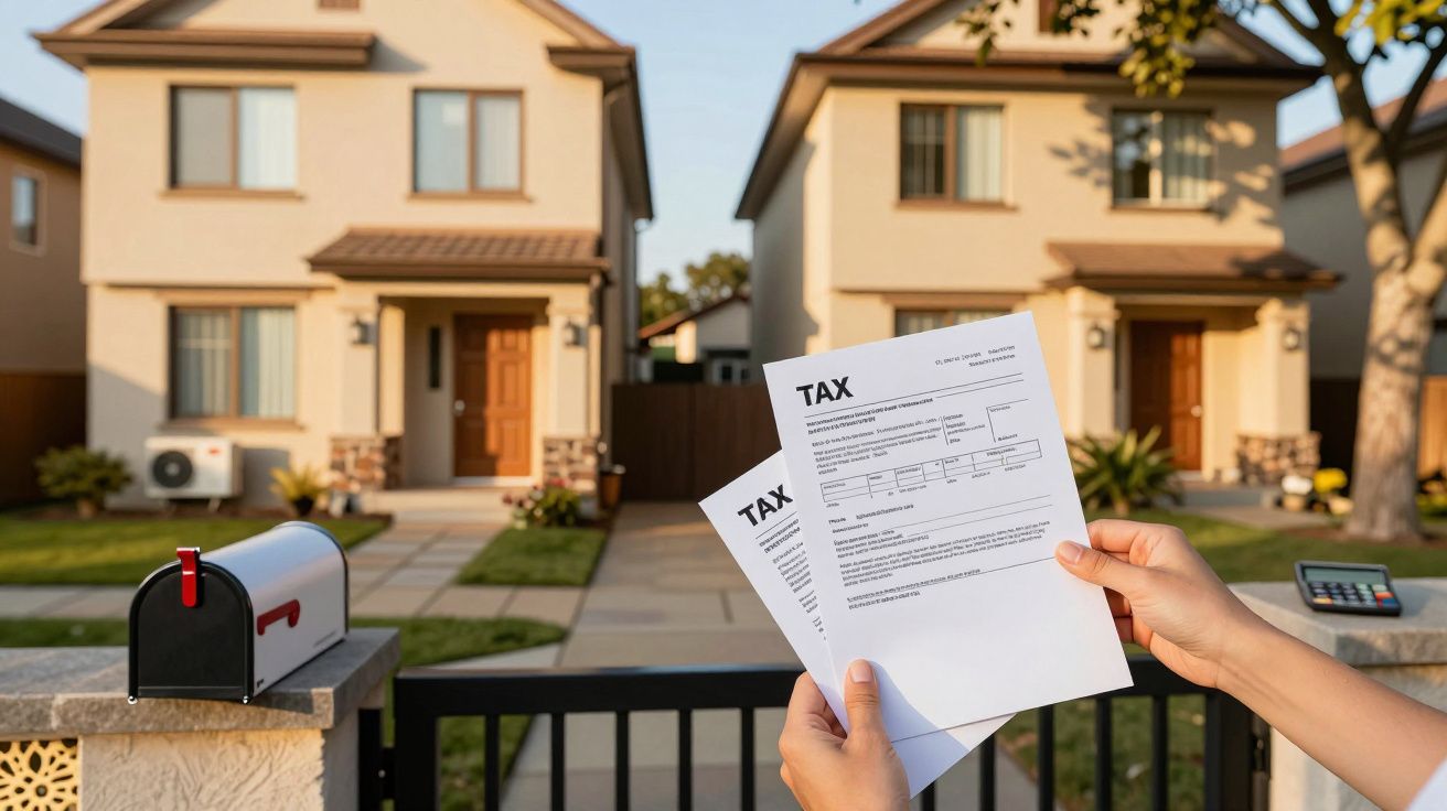 Zwei Hände halten Steuerformulare vor einem modernen Einfamilienhaus mit Garten, Briefkasten und sonnigem Himmel.