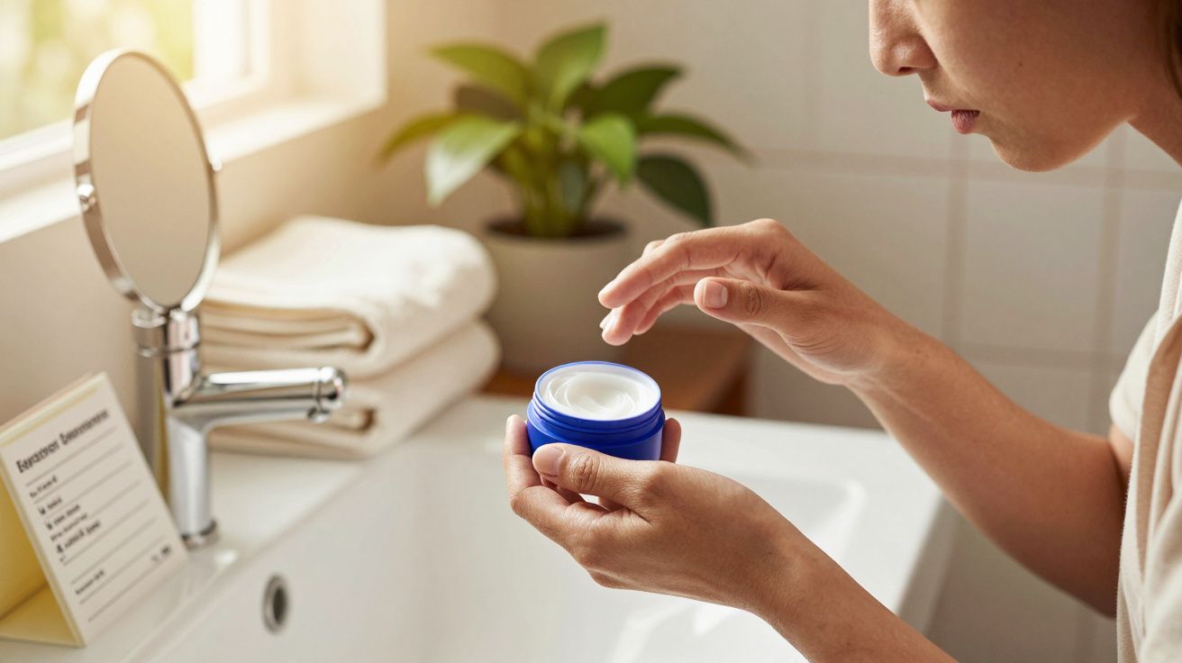 Person im Badezimmer hält Cremetiegel am Waschbecken; Pflanzen und Handtücher im Hintergrund.