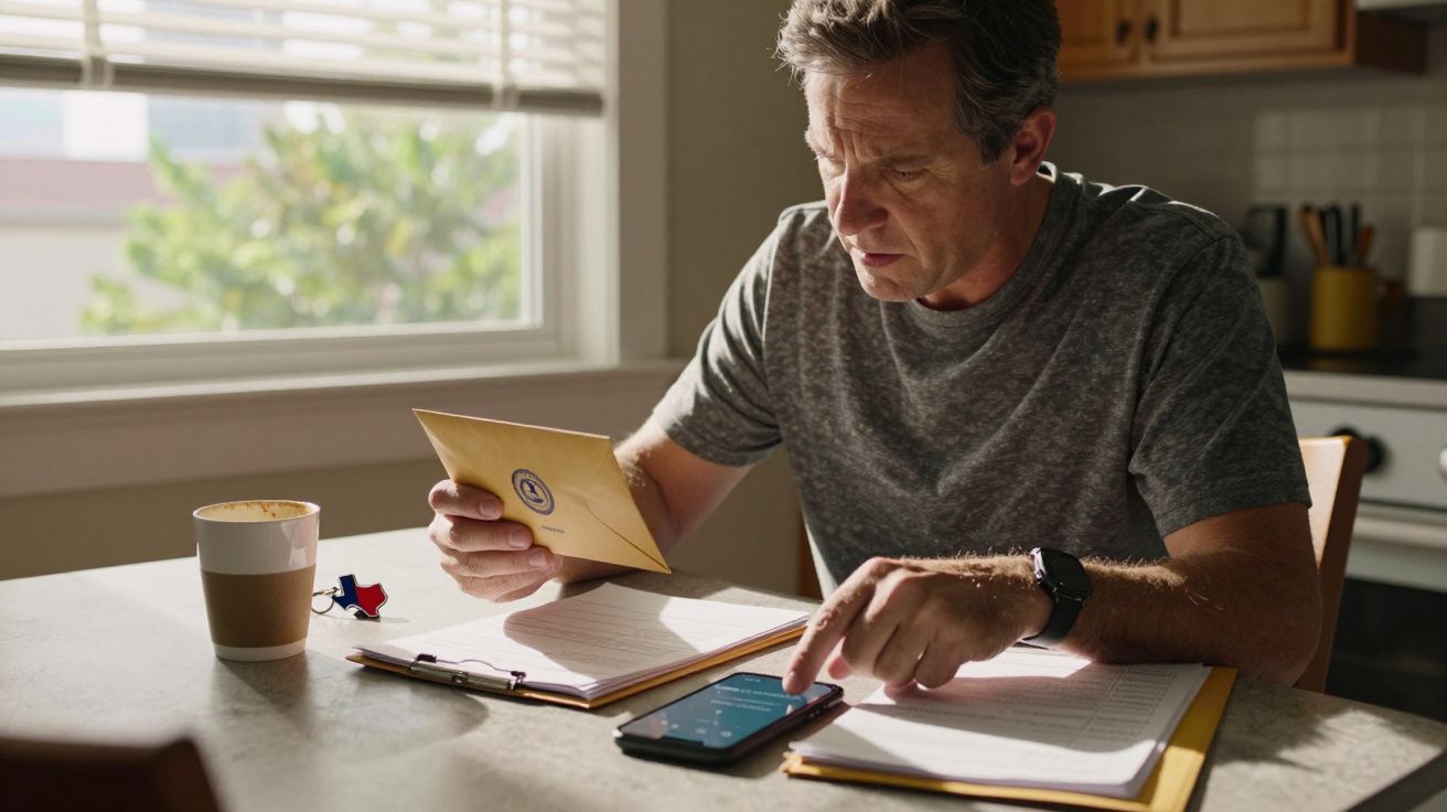 Mann am Tisch liest Brief, während er mit der anderen Hand ein Smartphone bedient; Sonnenlicht fällt durchs Fenster.