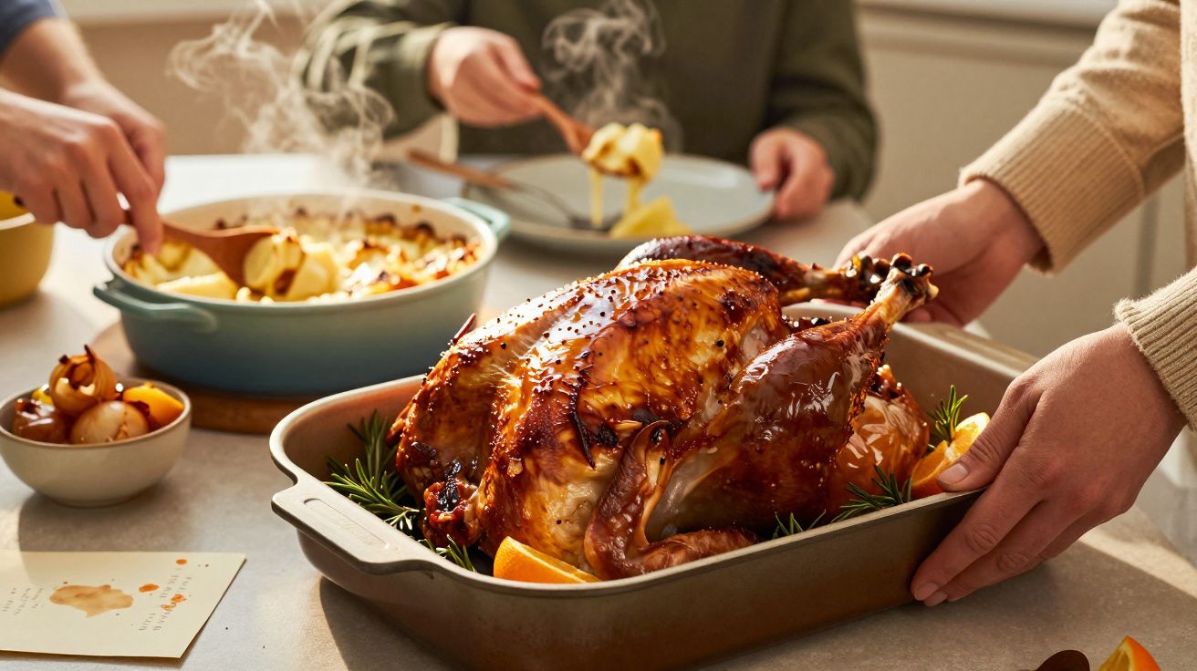 Gedeckter Tisch mit gebratenem Truthahn und Beilagen. Hände servieren, dampfender Auflauf im Hintergrund.