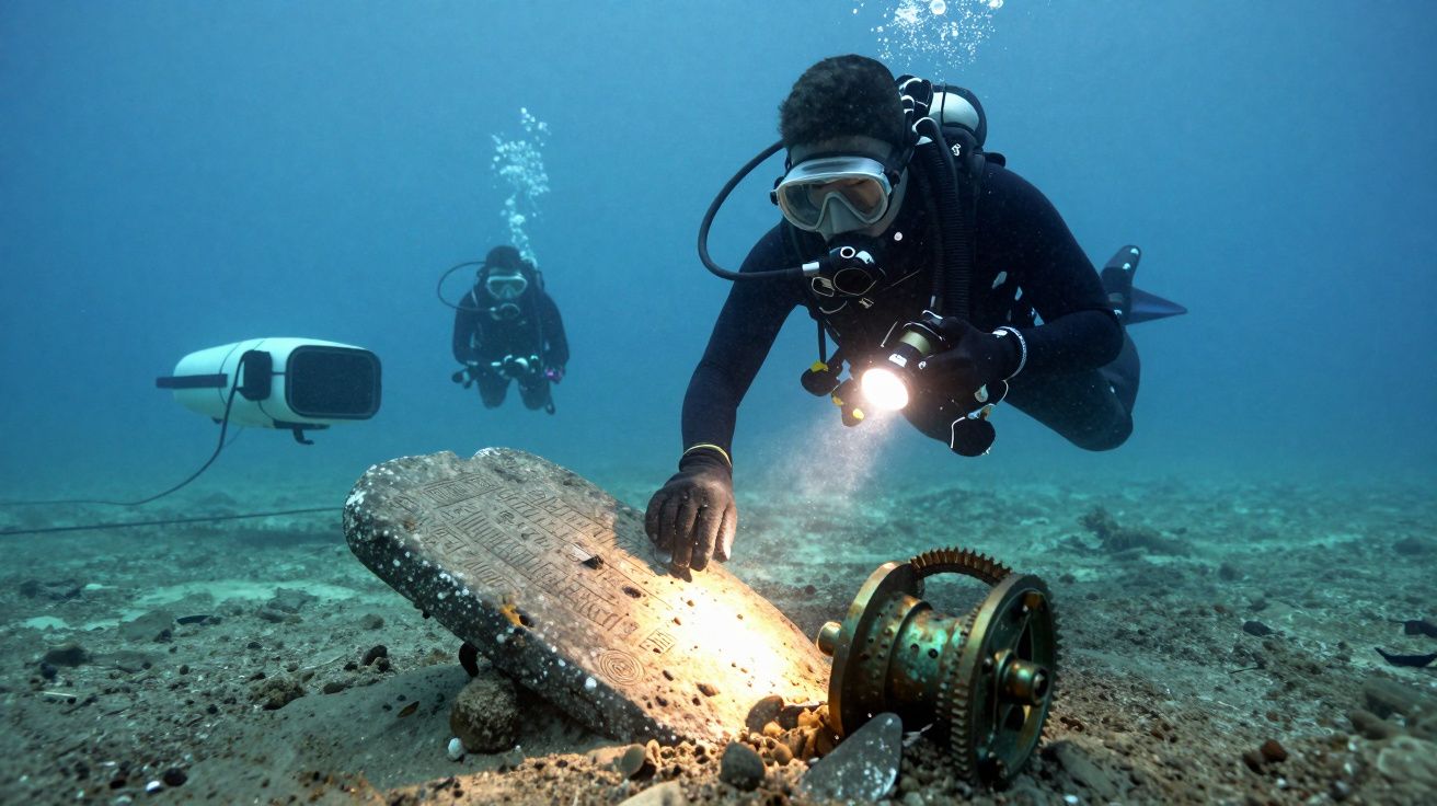Taucher erforschen ein antikes Objekt auf dem Meeresgrund mit Taschenlampen, begleitet von einem Unterwasserroboter.