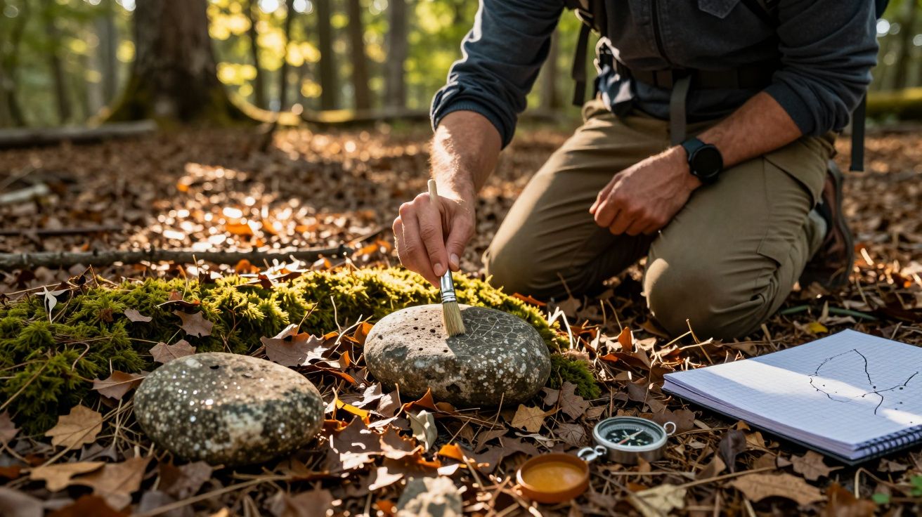 Ein Mann untersucht im Wald mit einem Pinsel Steine auf dem Waldboden; daneben Kompass und Notizbuch.