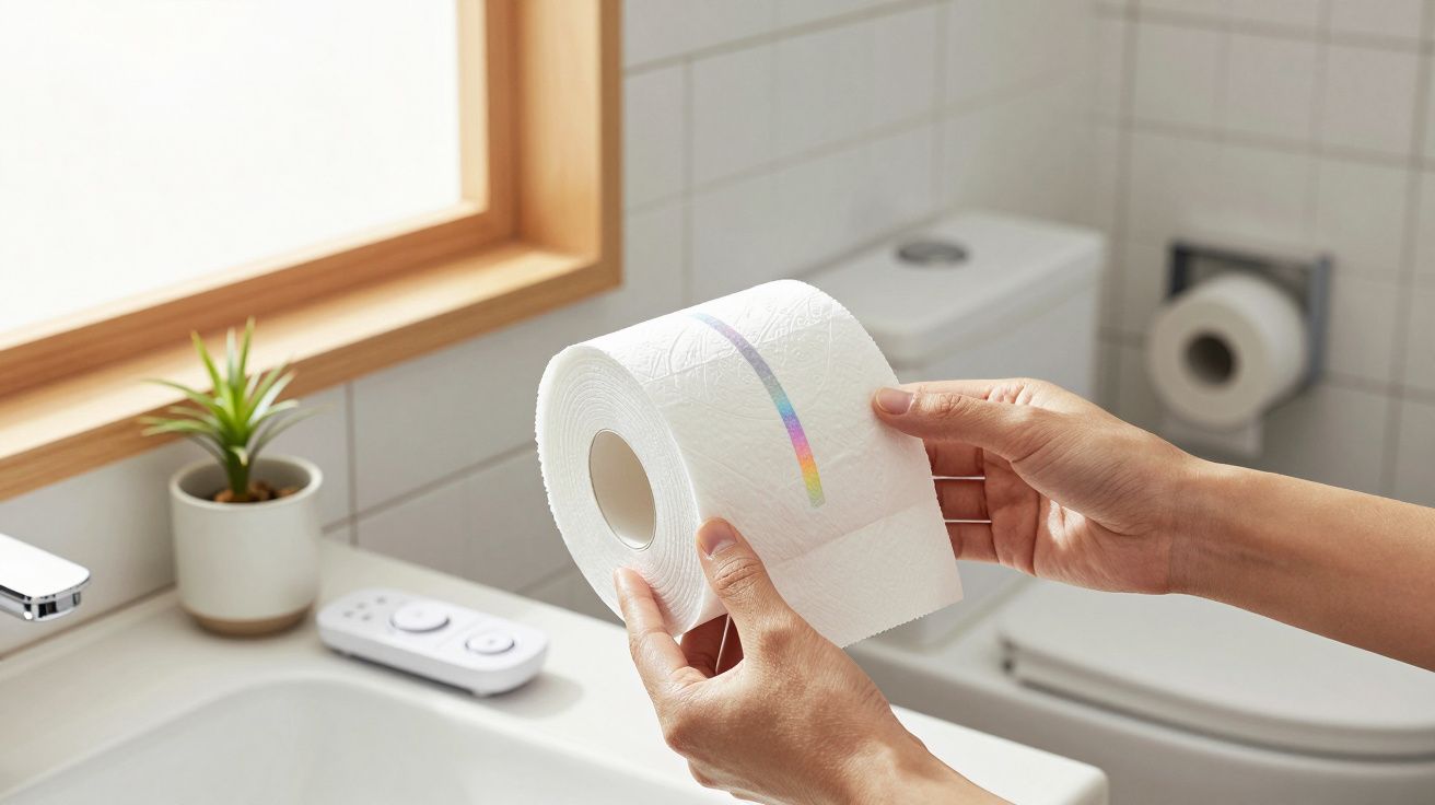 Hände halten eine Toilettenpapierrolle mit buntem Streifen in einem Badezimmer, Topfpflanze und Fenster im Hintergrund.