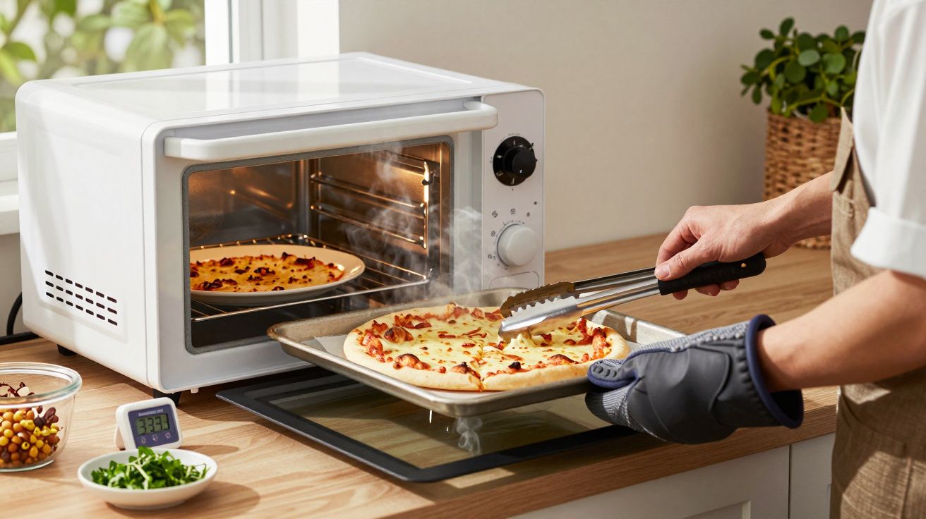 Person nimmt Pizza mit Zange vom Blech aus weißem Mini-Backofen, Zutaten-Schalen daneben auf Holzarbeitsplatte.