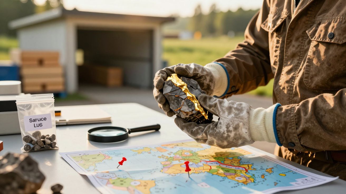 Person mit Handschuhen untersucht Gesteinsprobe über einer Landkarte auf einem Tisch im Freien.