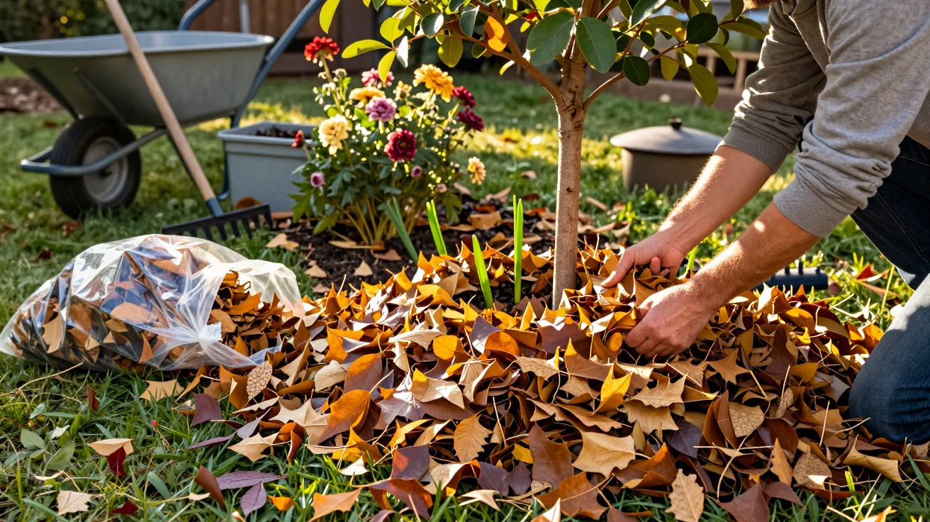 Person sammelt Herbstblätter rund um einen Baum im Garten; Schubkarre und Blumen im Hintergrund.