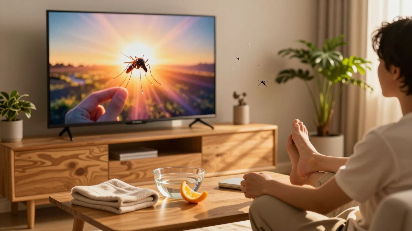 Person entspannt auf Sofa, sieht TV mit Hand, die Mücke hält. Tisch mit Wasser, Orange und Handtuch.