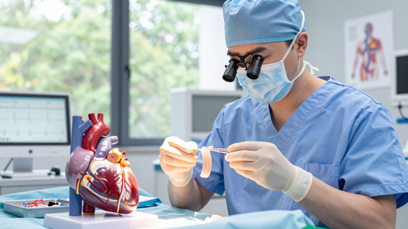 Chirurg im OP, untersucht Modell eines menschlichen Herzens mit speziellen Brillen, konzentriert und präzise arbeitend.