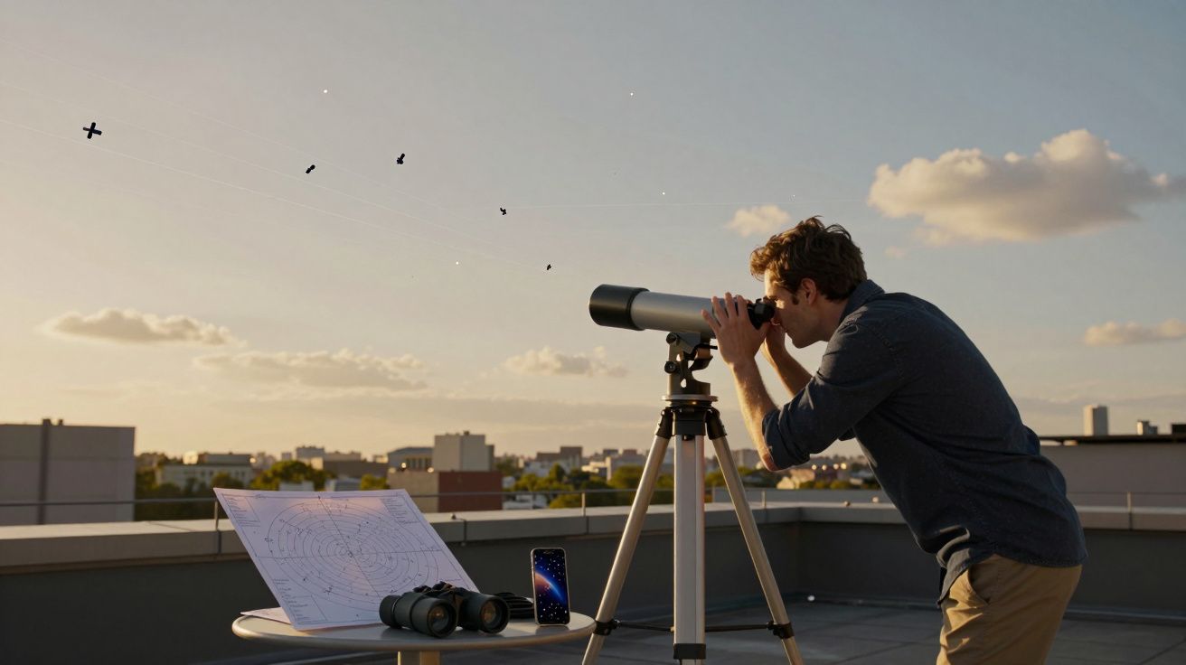 Mann beobachtet Vögel mit Teleskop auf Dach, neben ihm Fernglas, Sternkarte und Smartphone unter blauem Himmel.