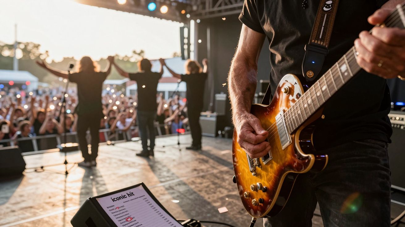 Gitarrist spielt auf Bühne vor jubelndem Publikum bei Sonnenuntergang. Setlist im Vordergrund.