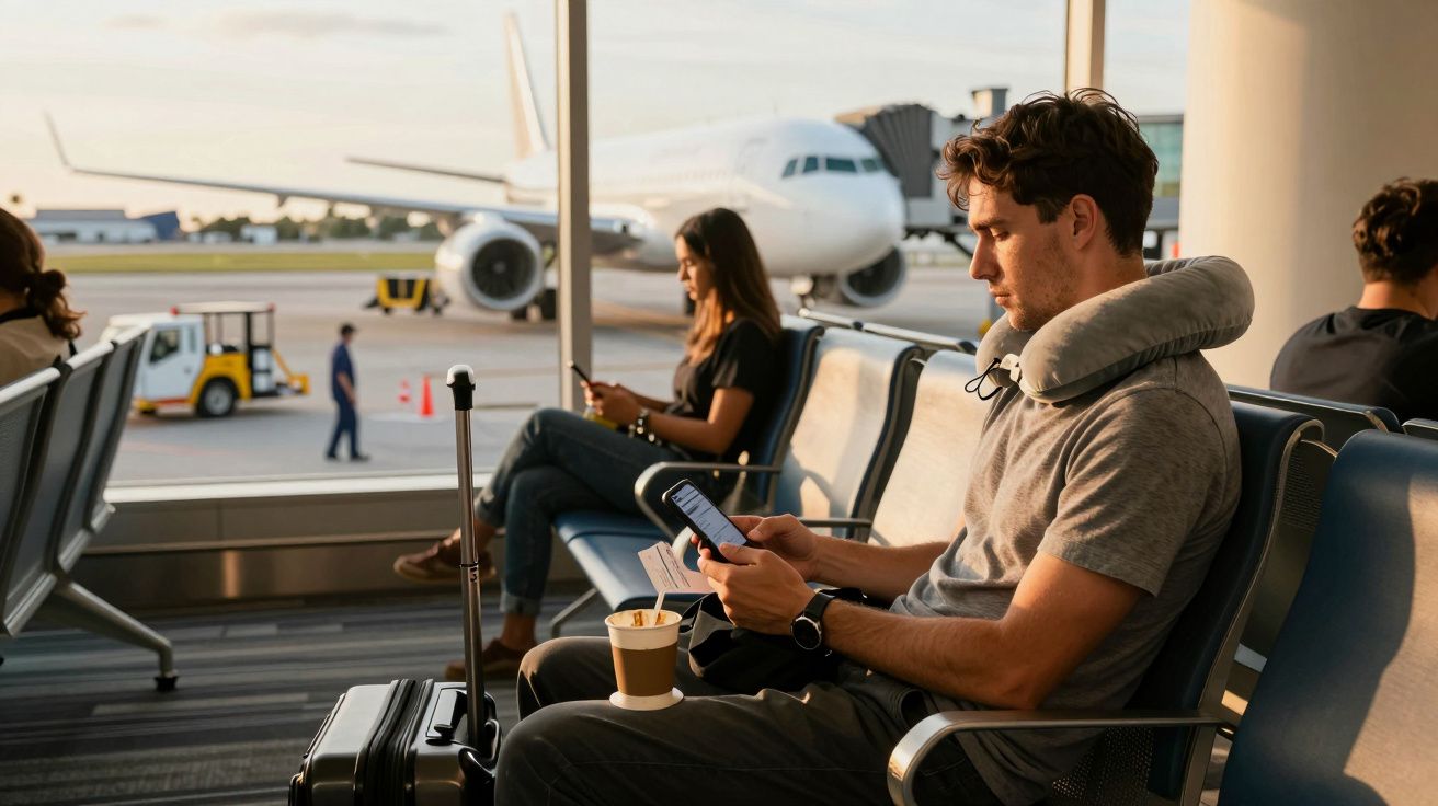 Ein Mann mit Nackenkissen schaut auf sein Handy im Flughafen, im Hintergrund ein Flugzeug und eine Frau.