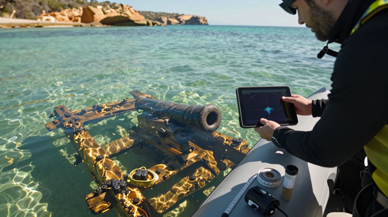 Mann auf Boot untersucht alte Kanone im klaren Wasser, hält ein Tablet, Küste im Hintergrund.
