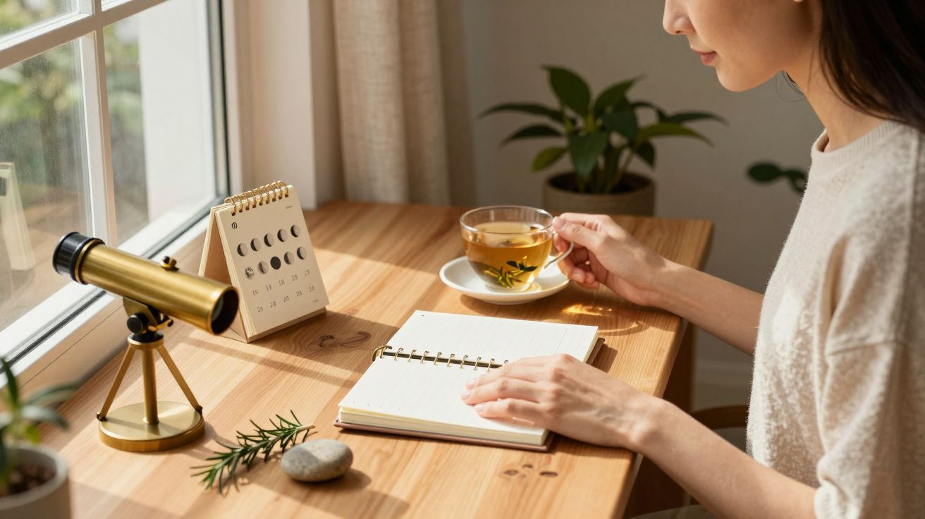Frau am Schreibtisch mit Notizbuch, Tasse Tee, kleinem Teleskop und Mondkalender auf Holzoberfläche bei Tageslicht.