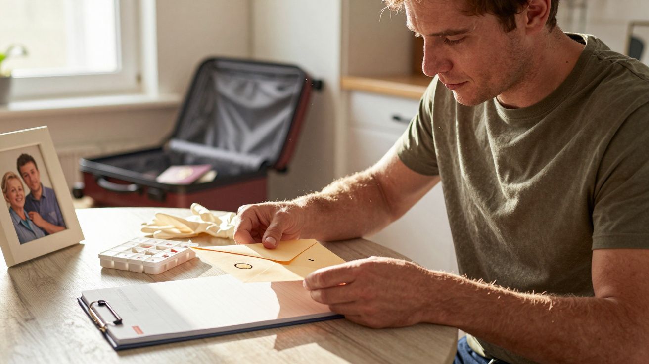 Mann sitzt am Tisch, betrachtet Briefumschlag, Koffer im Hintergrund, Foto im Rahmen und Tablettenbox auf dem Tisch.