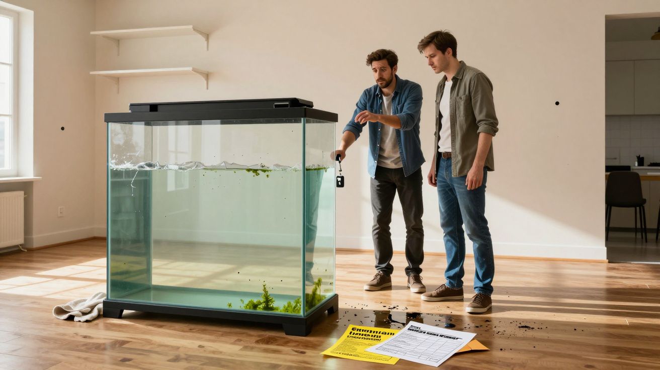 Zwei Männer stehen neben einem großen Aquarium in einem hellen Raum und betrachten es, während Dokumente auf dem Boden liegen