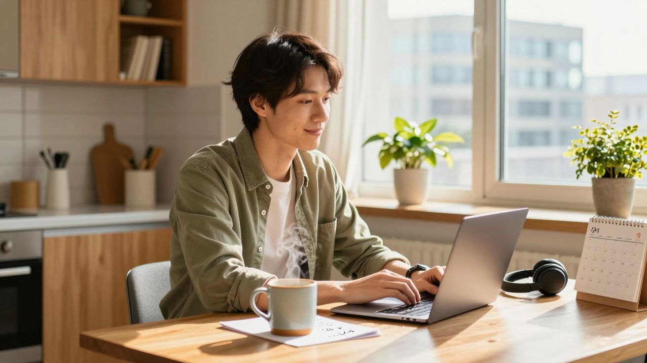 Person am Laptop in heller Küche, grüne Pflanzen im Hintergrund; dampfende Tasse und Kopfhörer auf dem Tisch.