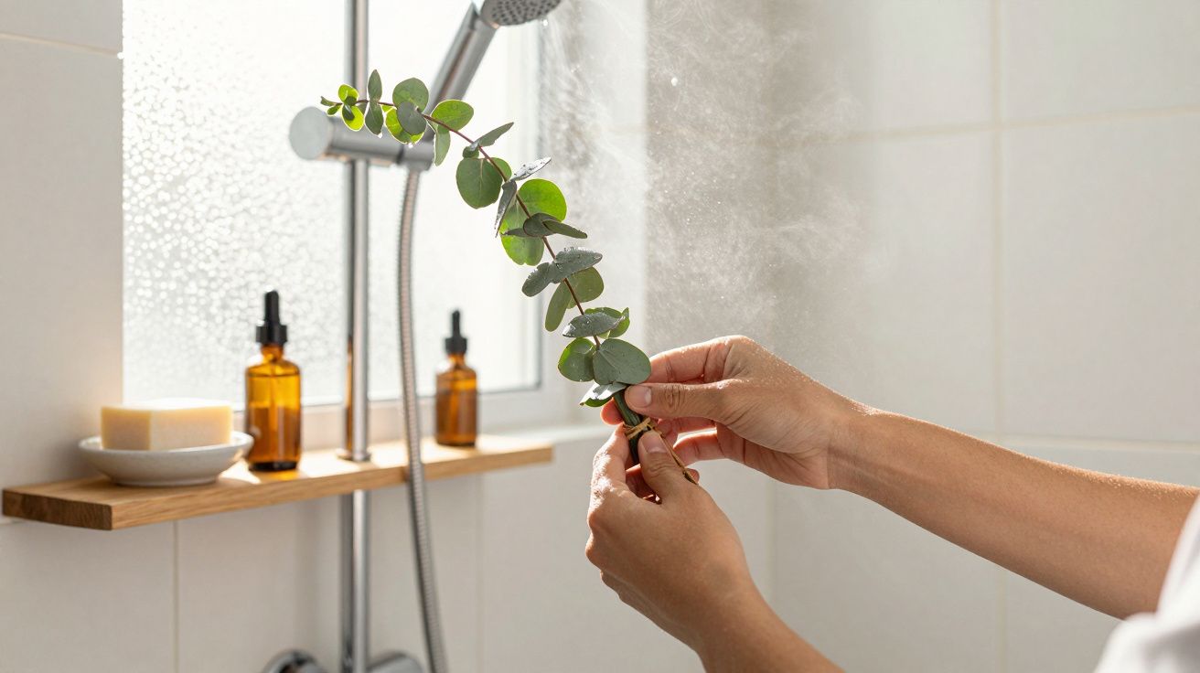 Hände halten Eukalyptuszweig in einem dampfenden Bad mit Glasflaschen und Seife auf einem Regal.